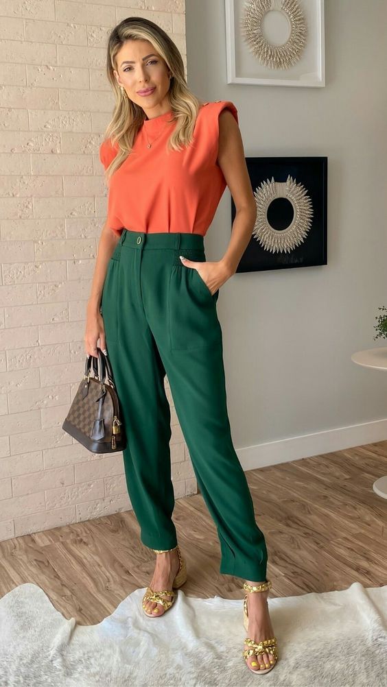 Green Pants with Orange Top